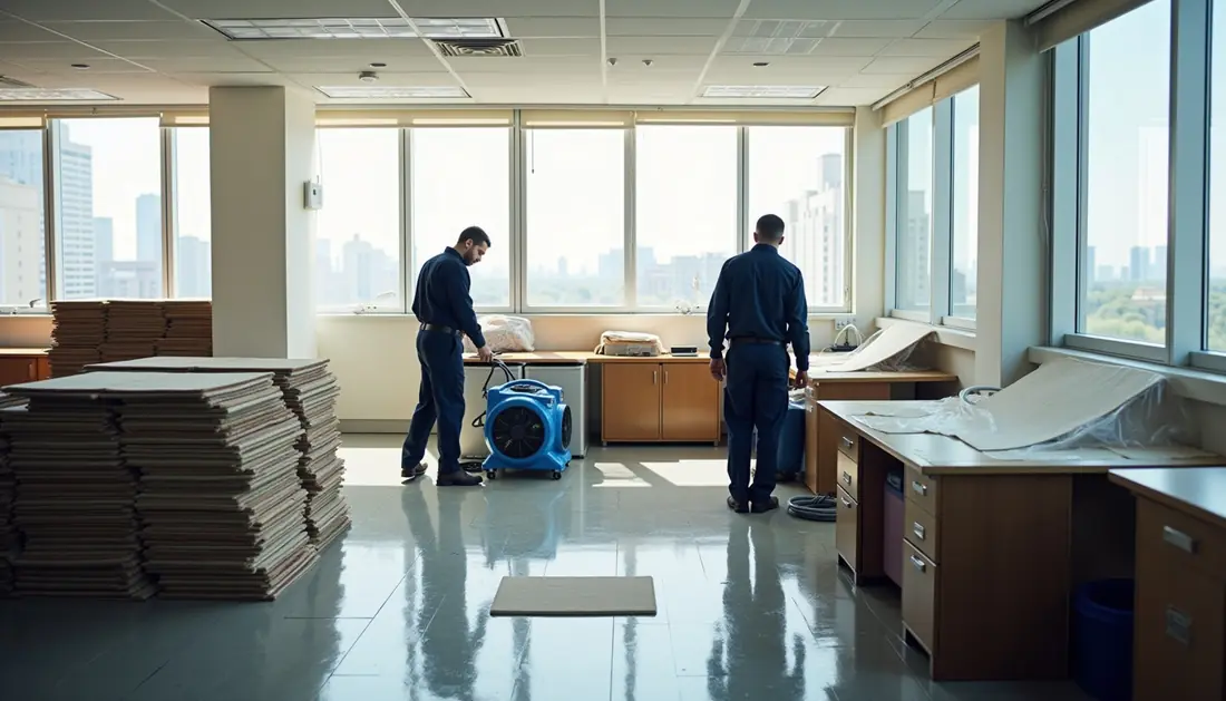 Commercial water damage restoration in Dallas, Texas Technicians drying a water-damaged office with air movers and a dehumidifier, desks covered in plastic