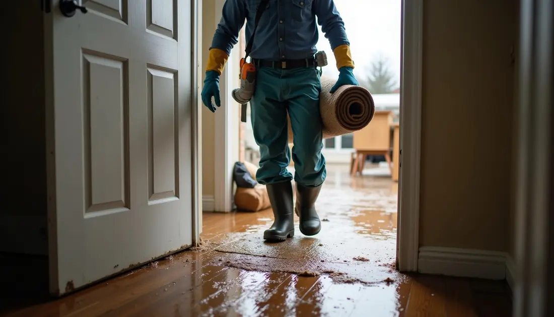 Flood damage restoration in Dallas, Texas Restoration worker in waterproof boots carrying soaked carpet out of a home after a flash flood