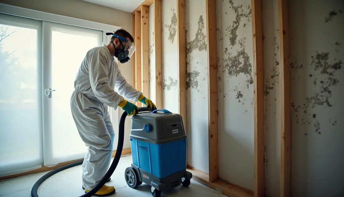 Mold remediation in Dallas, Texas Mold remediation technician in a protective suit and respirator cleaning wall studs inside plastic containment