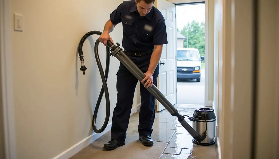 Emergency water extraction in Dallas, Texas Technician using a weighted extraction tool to pull standing water out of hallway carpet