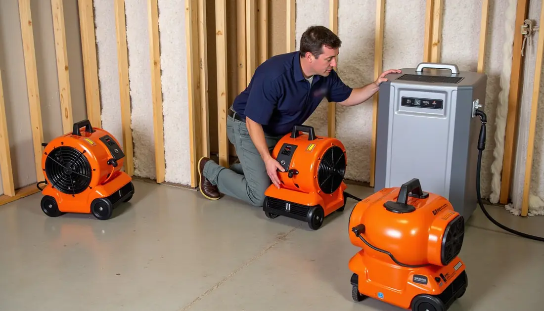 Water mitigation and structural drying in Dallas, Texas Commercial air movers and a dehumidifier drying a room with flood-cut drywall and exposed studs